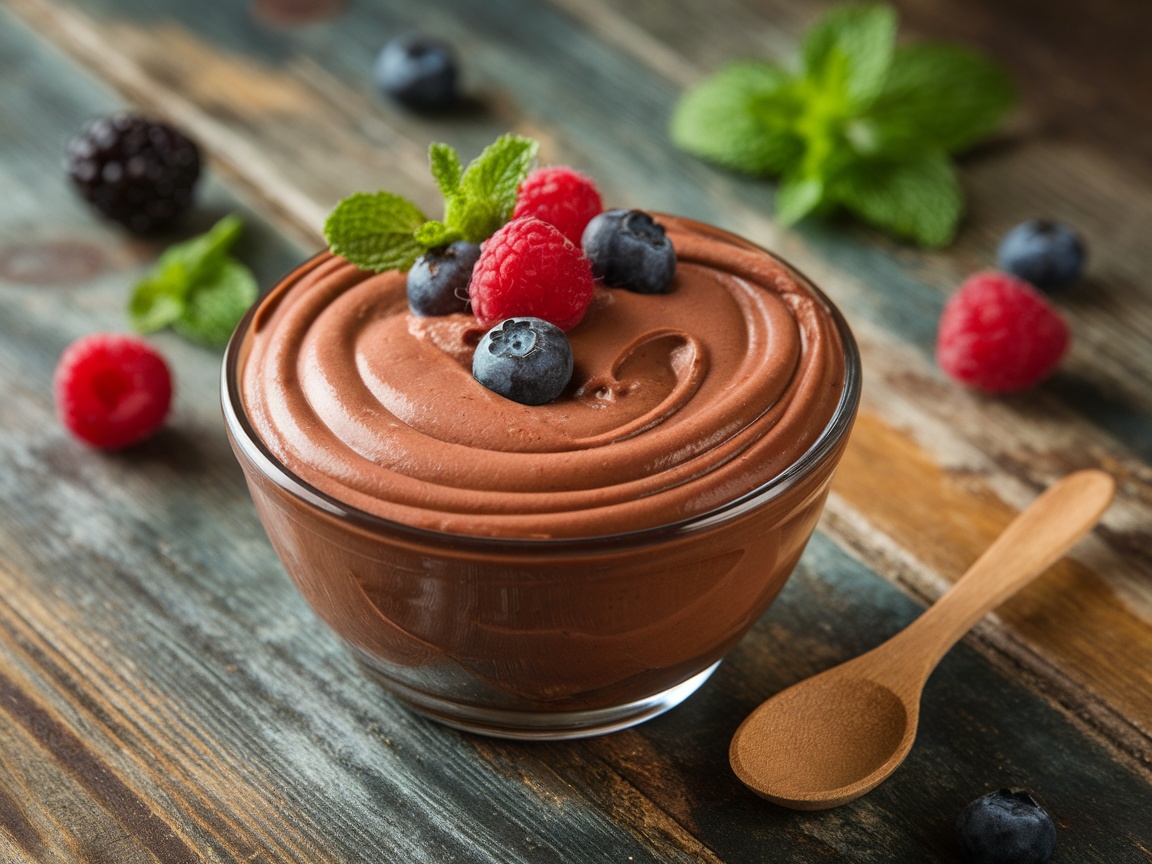 Creamy Avocado Chocolate Mousse in a bowl, garnished with berries and mint, on a wooden table.